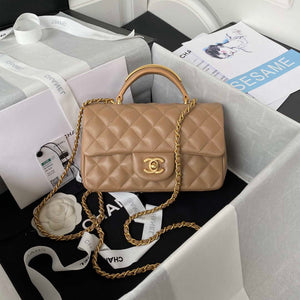 Chanel AS2431 Mini flap Tan Lambskin bag with top handle Gold - Default Title - View 1