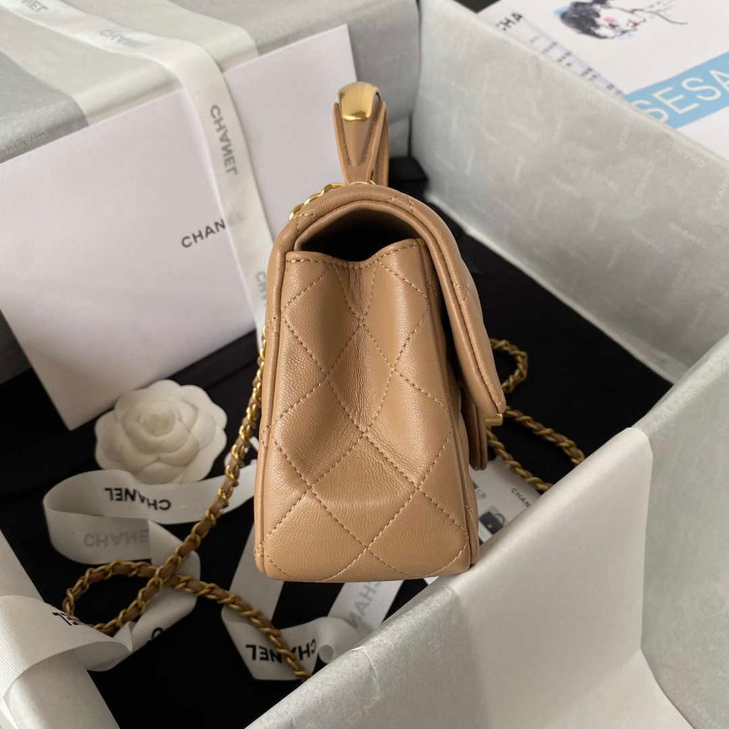 Chanel AS2431 Mini flap Tan Lambskin bag with top handle Gold