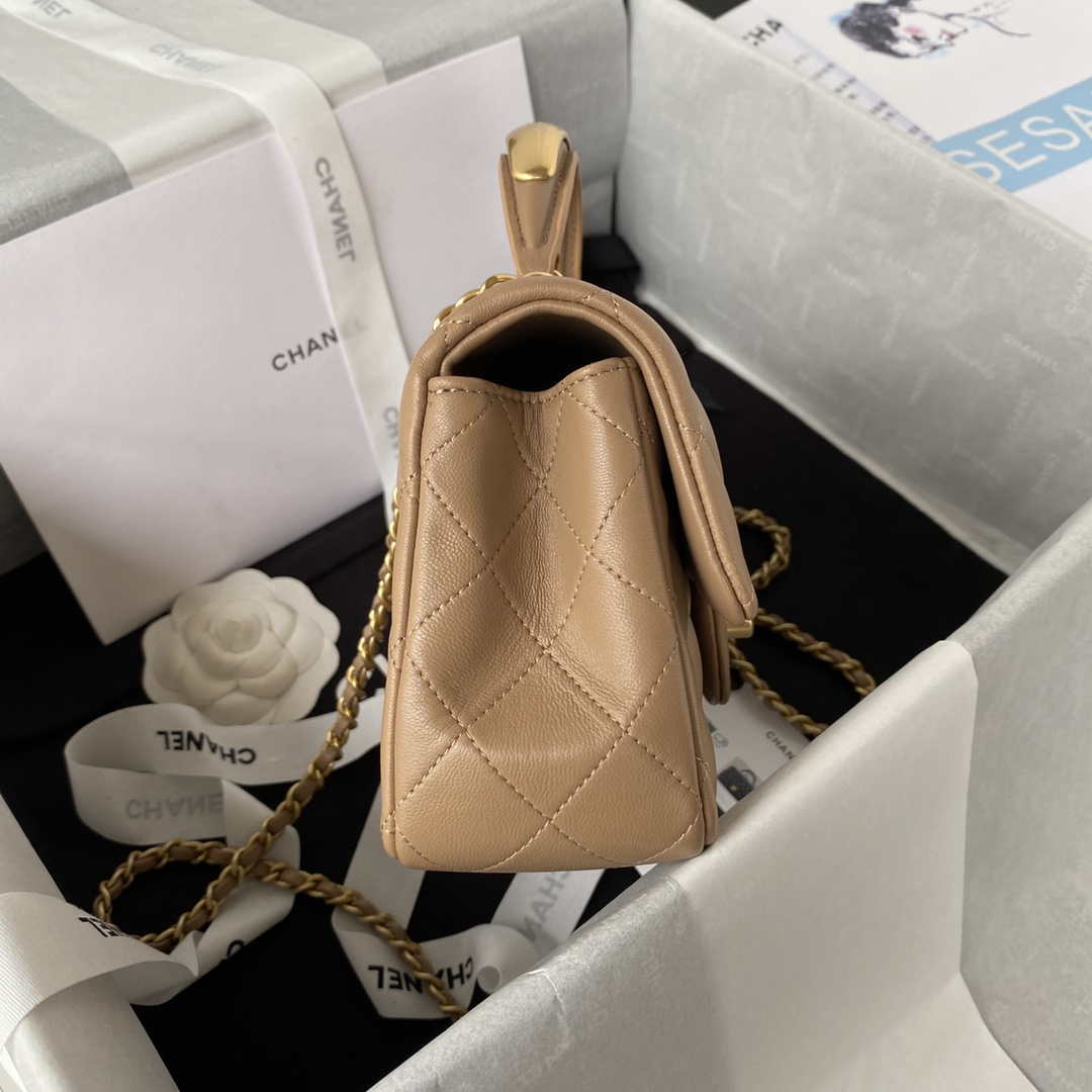 Chanel AS2431 Mini flap Tan Lambskin bag with top handle Gold - Default Title - View 5