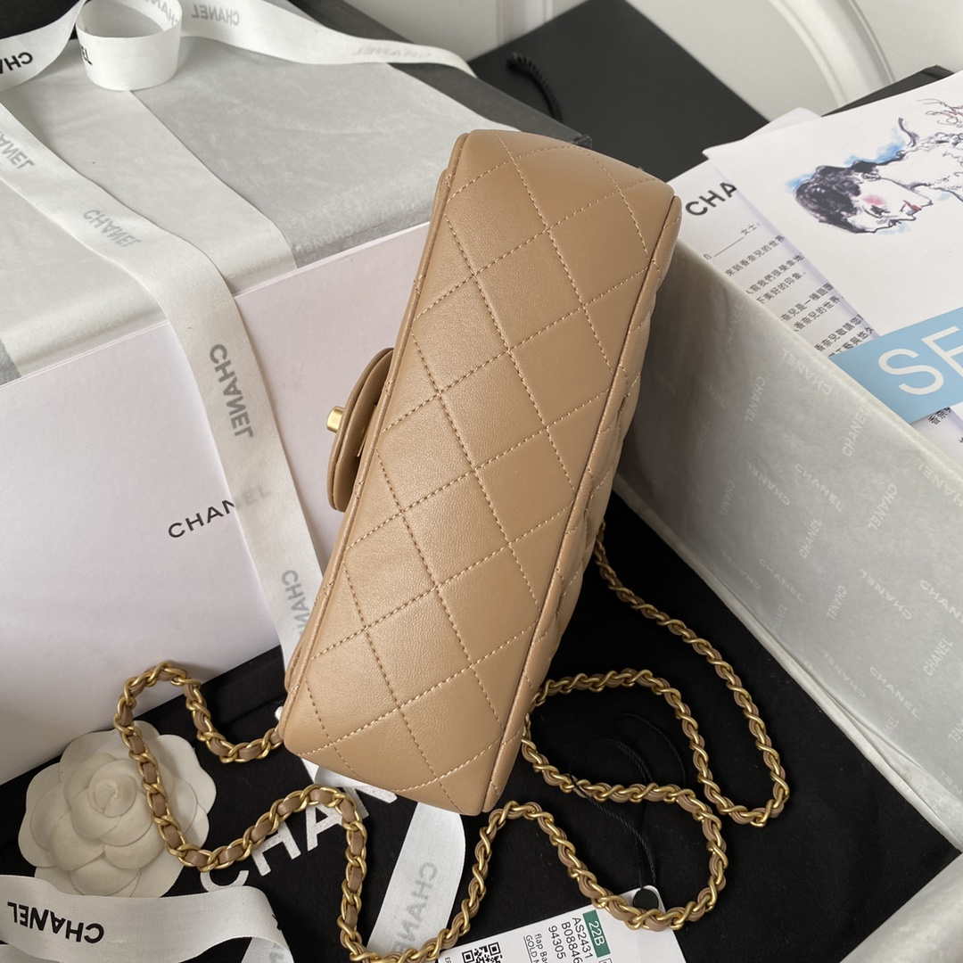 Chanel AS2431 Mini flap Tan Lambskin bag with top handle Gold