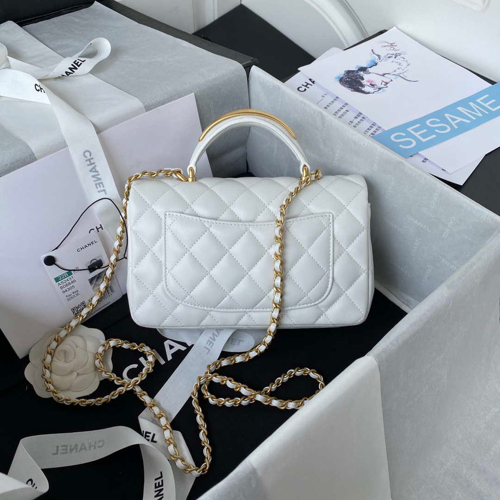 Chanel AS2431 Mini flap White Lambskin bag with top handle Gold