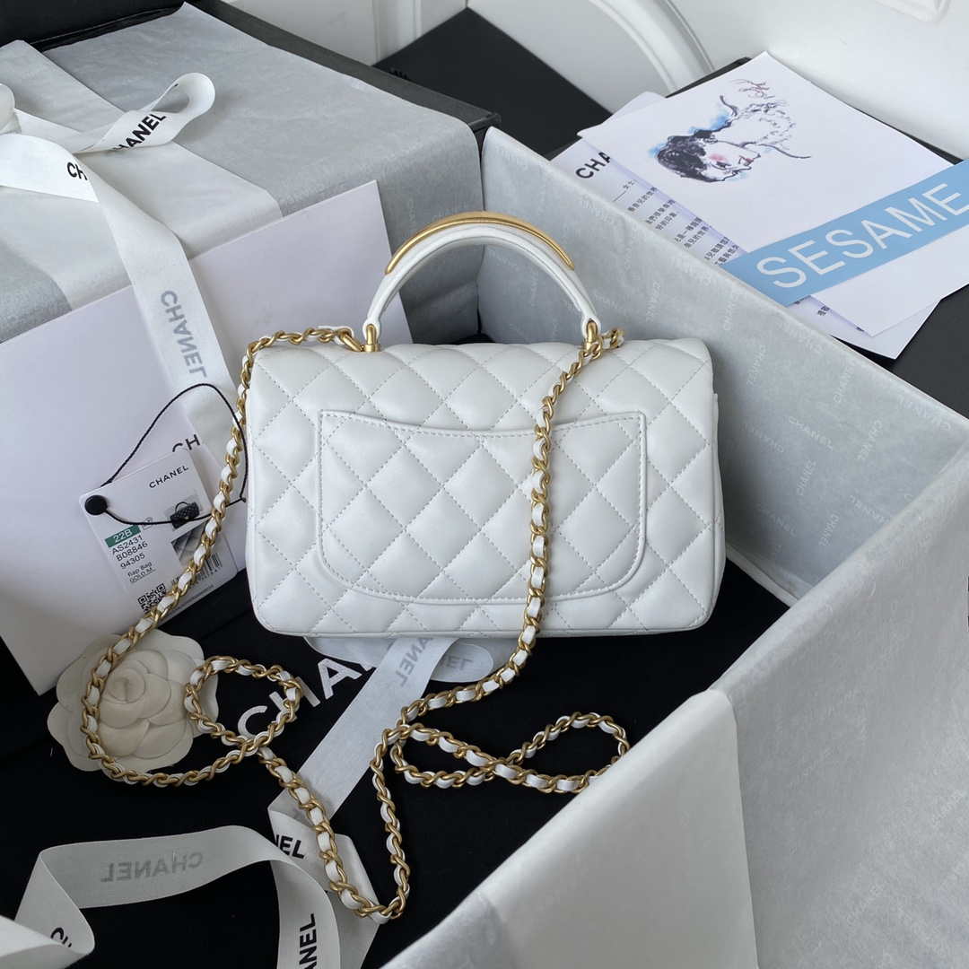Chanel AS2431 Mini flap White Lambskin bag with top handle Gold