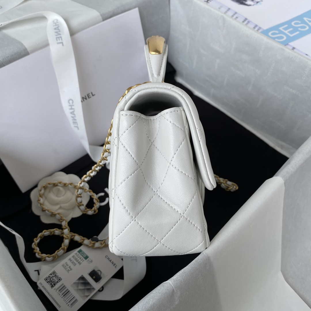 Chanel AS2431 Mini flap White Lambskin bag with top handle Gold - Default Title - View 5