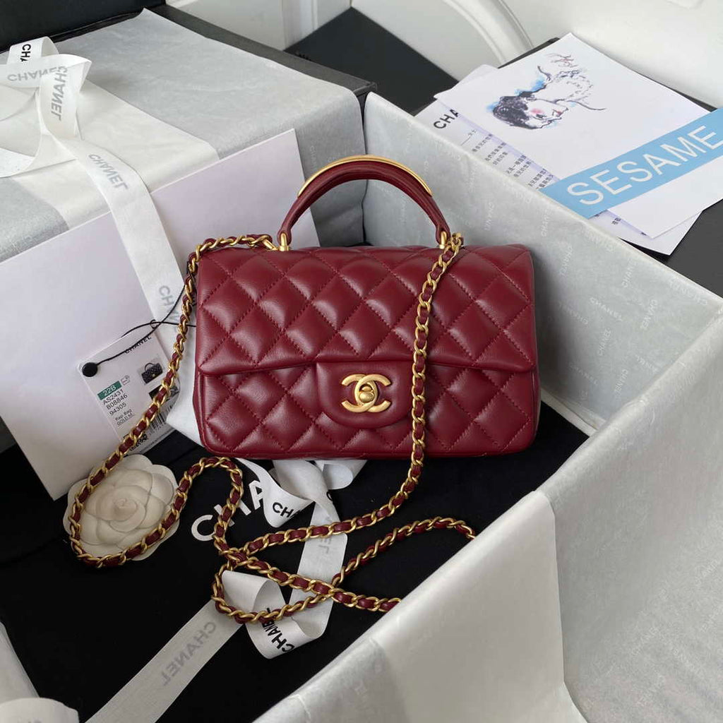 Chanel AS2431 Mini flap Wine Red Lambskin bag with top handle Gold