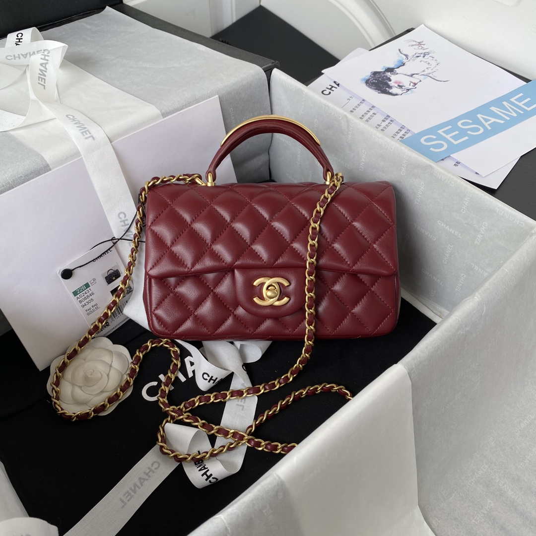 Chanel AS2431 Mini flap Wine Red Lambskin bag with top handle Gold - Default Title - View 1