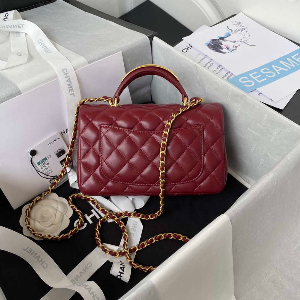 Chanel AS2431 Mini flap Wine Red Lambskin bag with top handle Gold