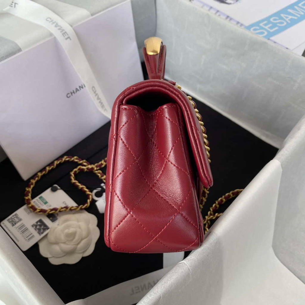 Chanel AS2431 Mini flap Wine Red Lambskin bag with top handle Gold