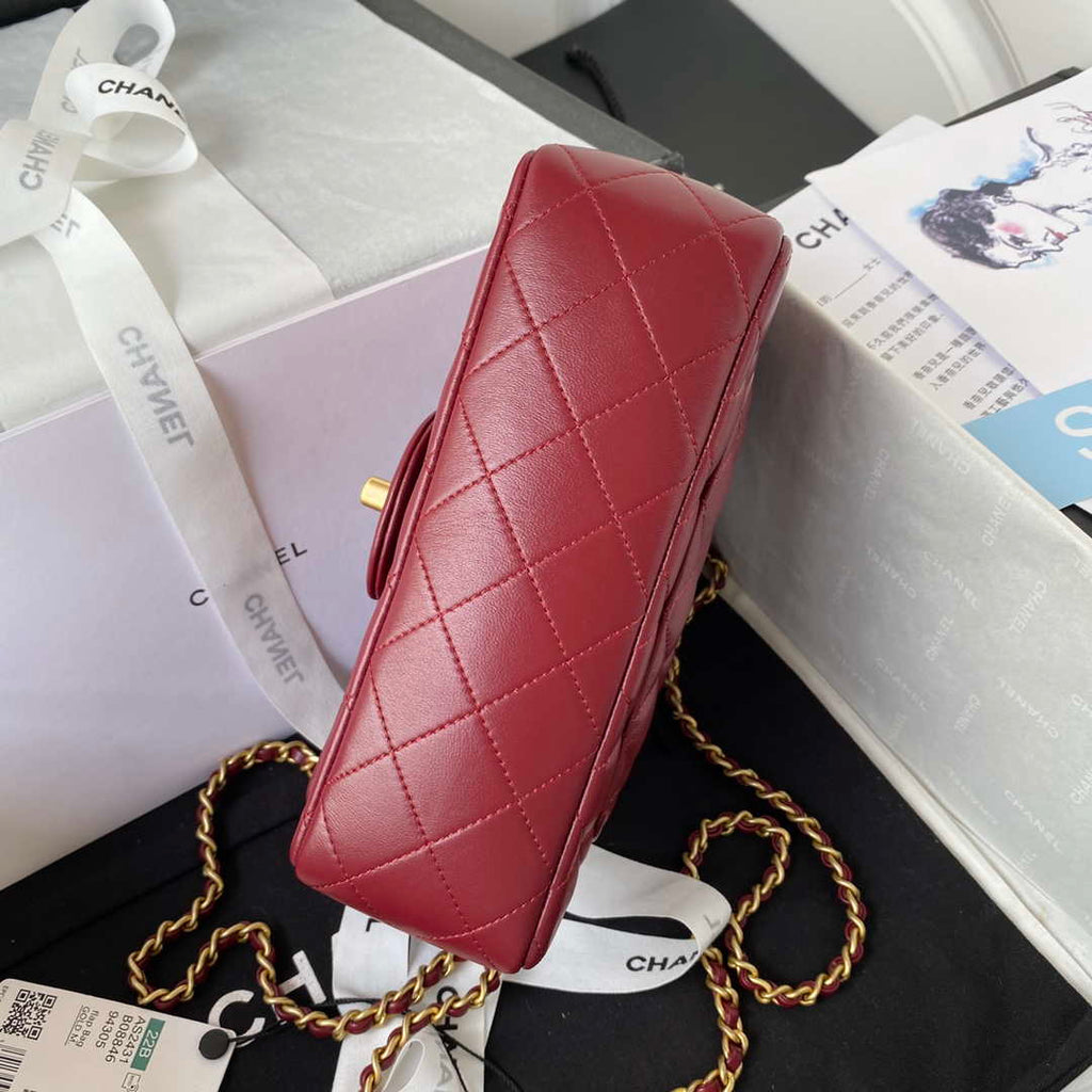Chanel AS2431 Mini flap Wine Red Lambskin bag with top handle Gold