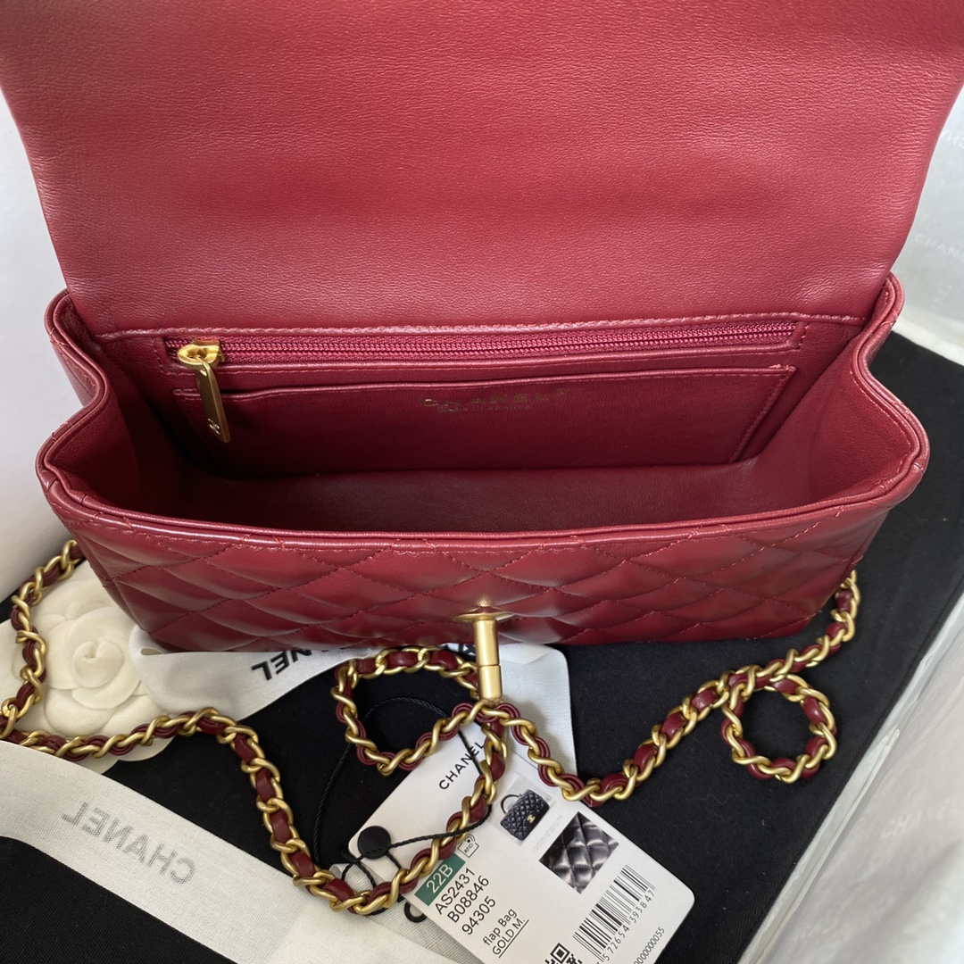Chanel AS2431 Mini flap Wine Red Lambskin bag with top handle Gold - Default Title - View 7