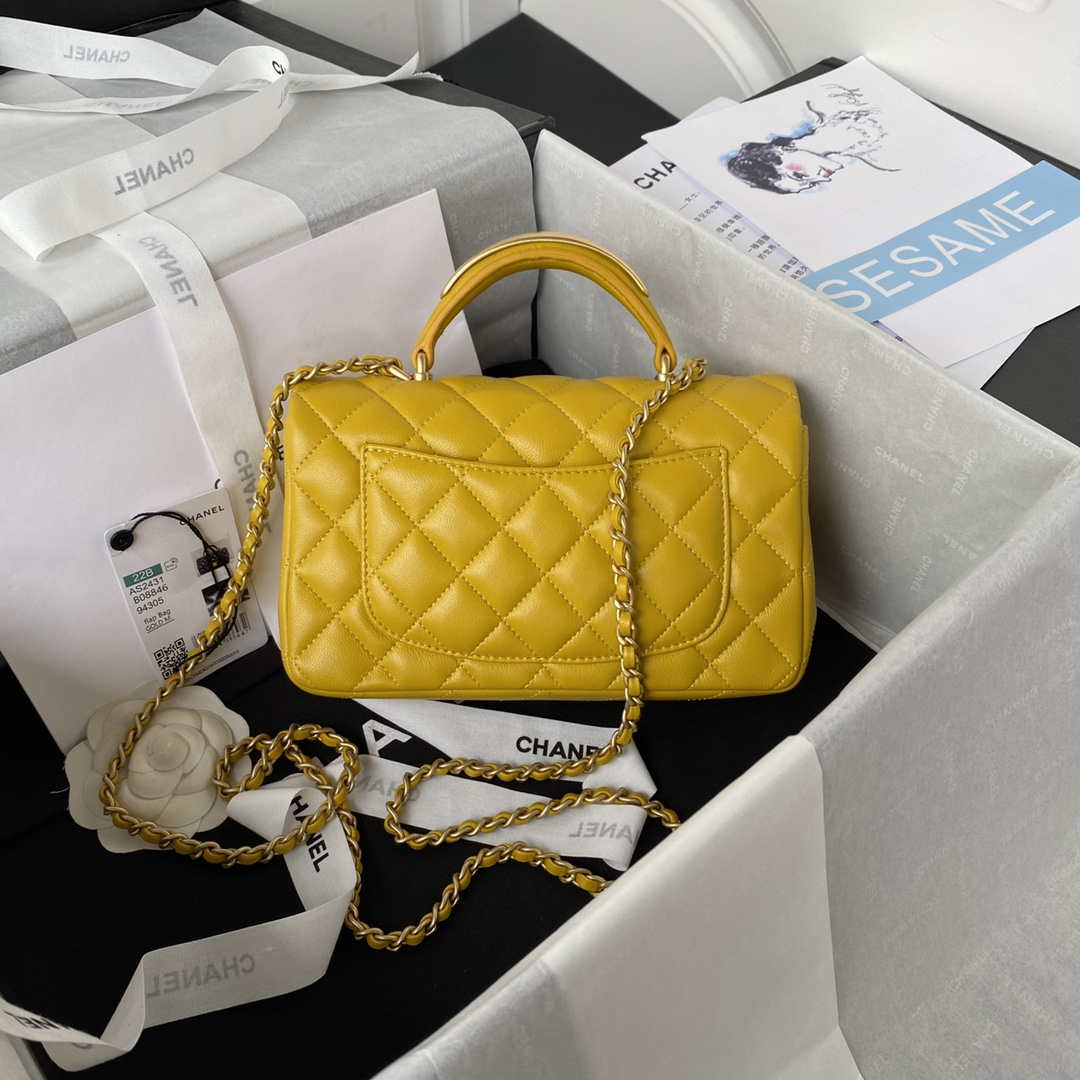 Chanel AS2431 Mini flap Yellow Lambskin bag with top handle Gold - Default Title - View 2