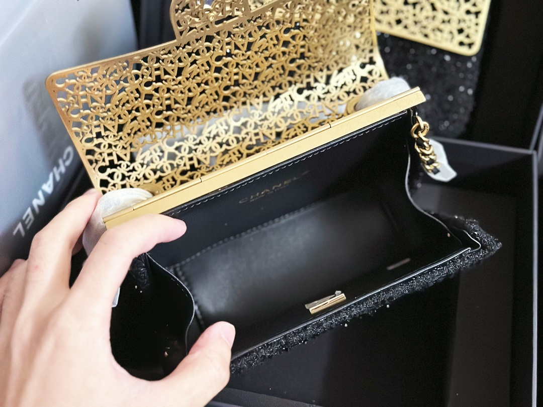 Chanel AS3526 Mini Evening Bag Wool Tweed & Gold-Tone Metal Black - Default Title - View 7
