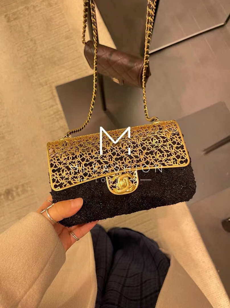 Chanel AS3526 Mini Evening Bag Wool Tweed & Gold-Tone Metal Black