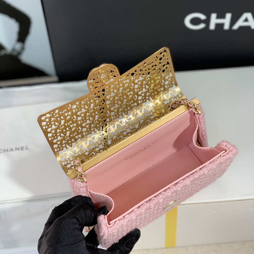 Chanel AS3526 Mini Evening Bag Wool Tweed & Gold-Tone Metal Light Pink - Default Title - View 9