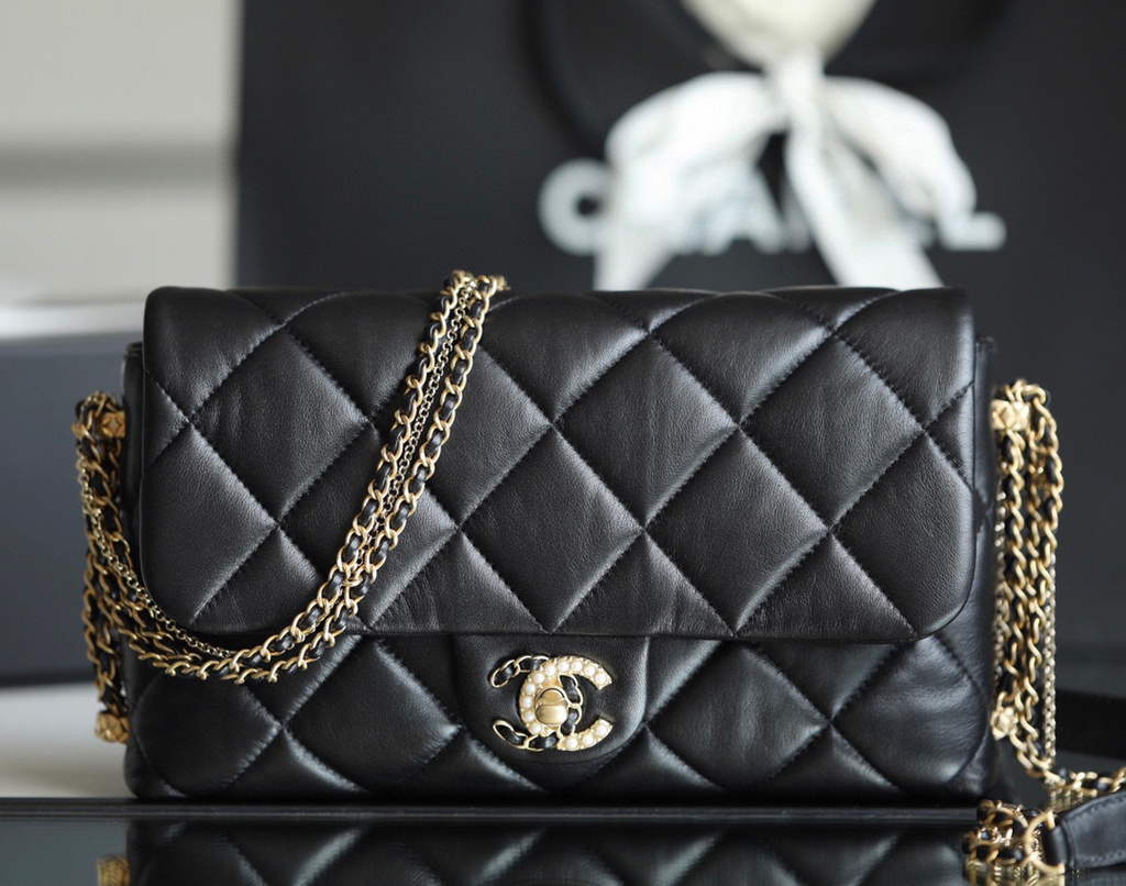 Chanel AS2563 Flap Bag Lambskin Gold Metal Black