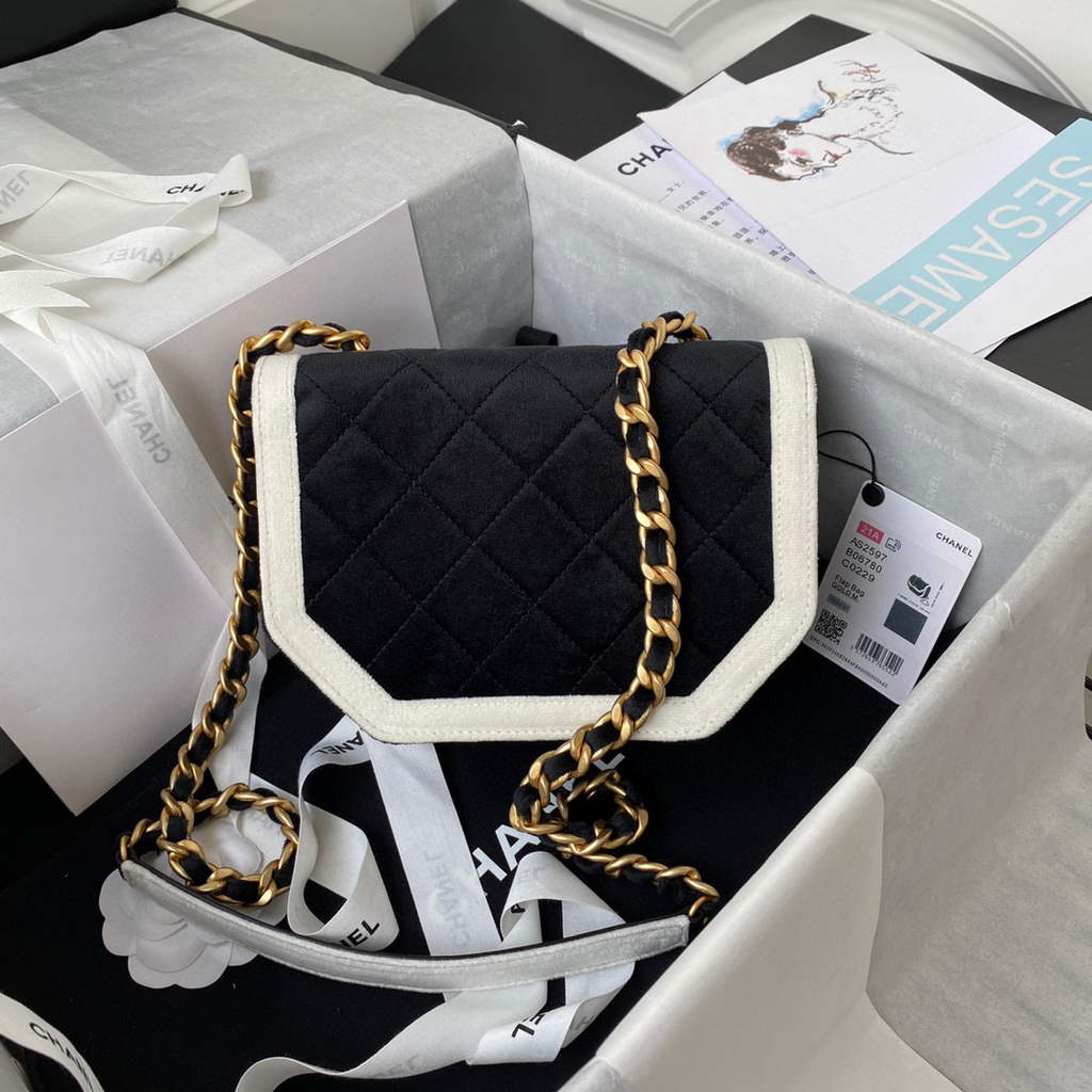 Chanel AS2597 Mini Flap Bag Velvet & Gold Tone Metal Black & White