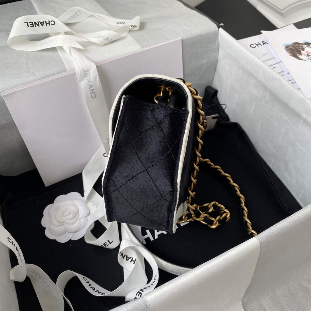 Chanel AS2597 Mini Flap Bag Velvet & Gold Tone Metal Black & White