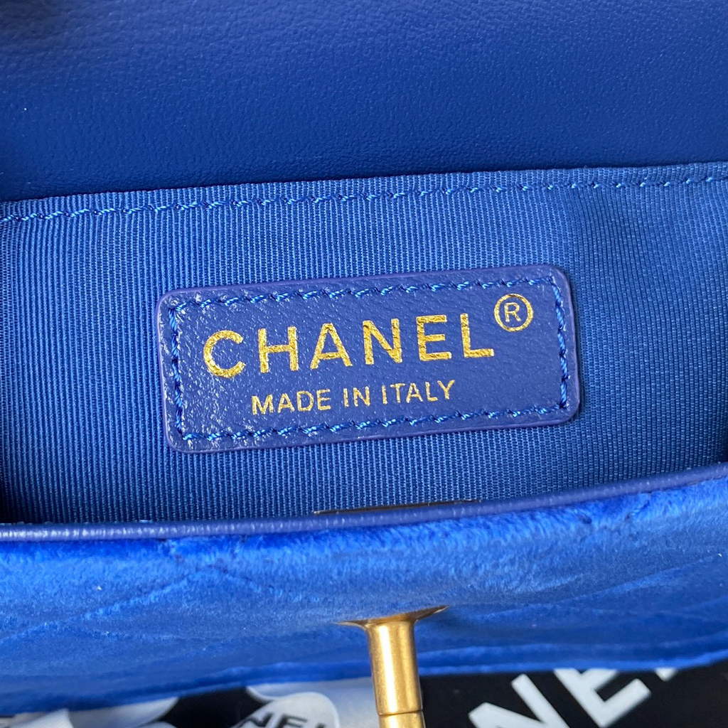Chanel AS2597 Mini Flap Bag Velvet & Gold Tone Metal Blue