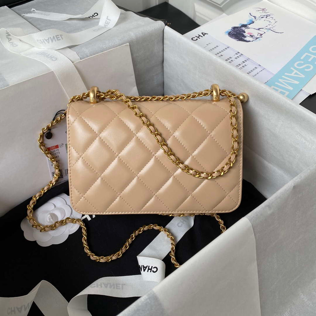 Chanel AS2615 Woc Wallet on Chain with Gold Charm Mini Vintage Calfskin Bag Apricot