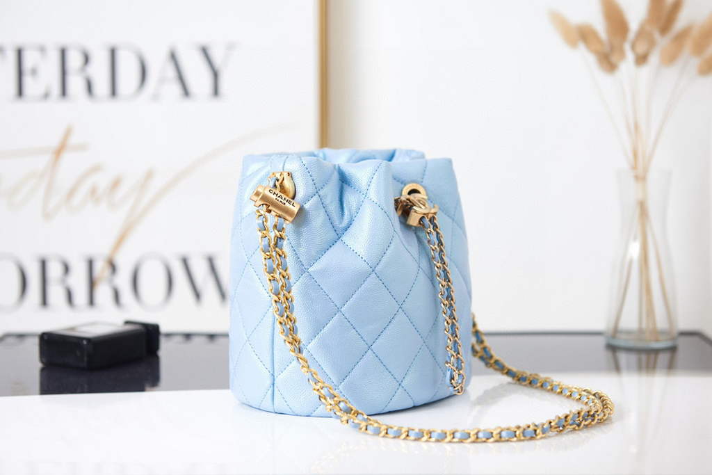 Chanel AS2859 Bucket Bag Shoulder Bag Shiny Grained Calfskin Light Blue
