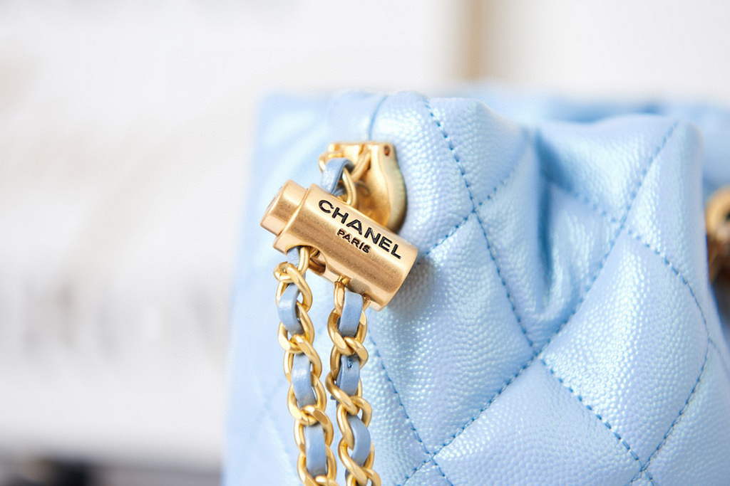 Chanel AS2859 Bucket Bag Shoulder Bag Shiny Grained Calfskin Light Blue