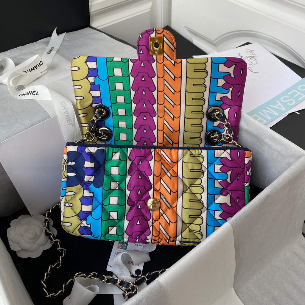 Chanel AS2897 Flap Bag Printed Fabric Gold Tone Metal Multicolor