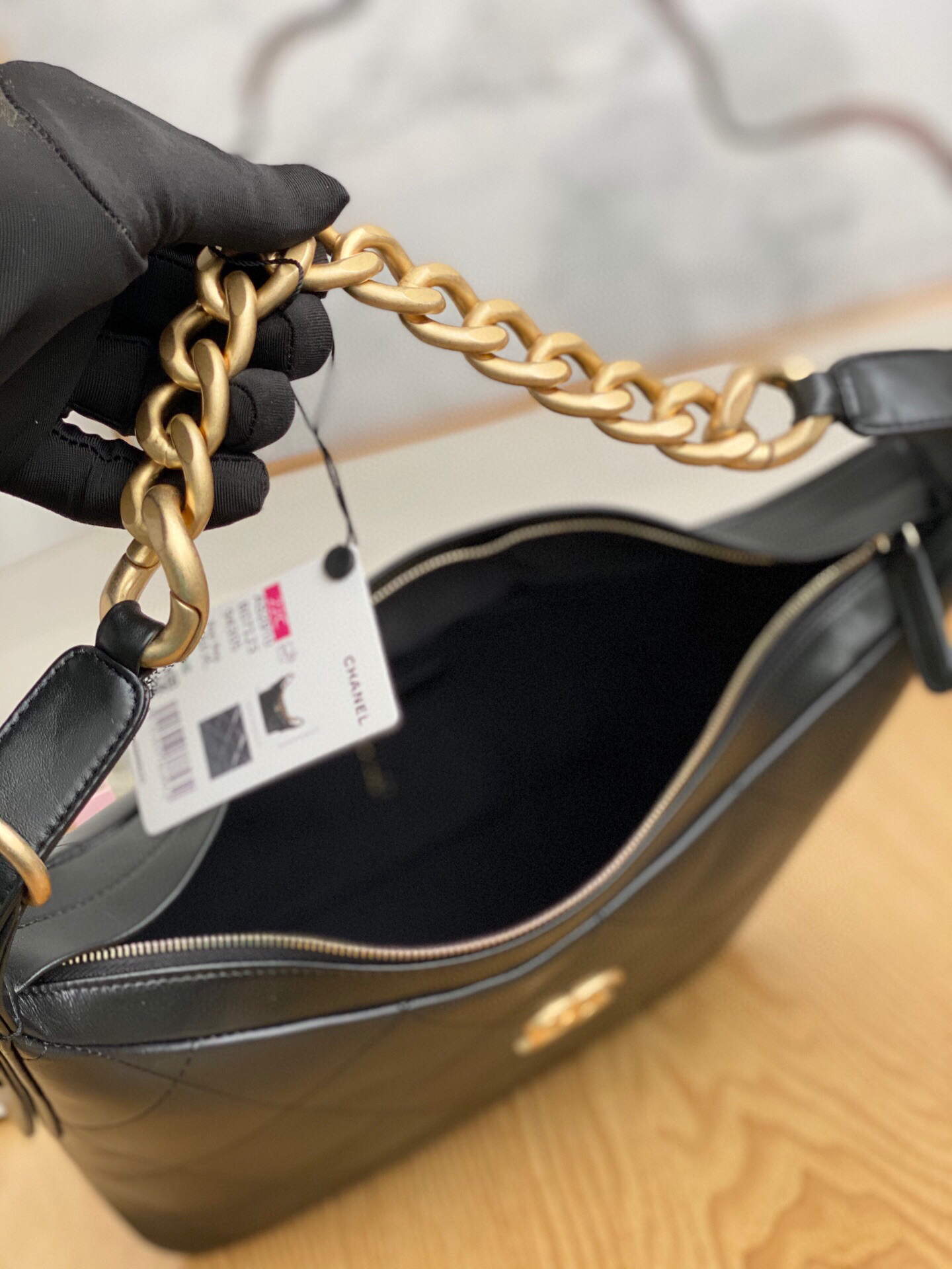 Chanel AS2910 Hobo Handbag Calfskin Black Gold