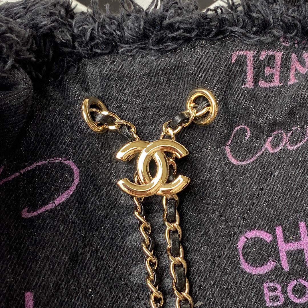 Chanel AS3027 Bucket Bag Printed Denim Gold Black
