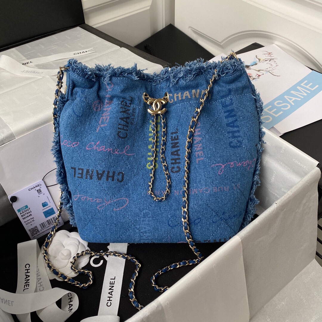 Chanel AS3027 Bucket Bag Printed Denim Gold Blue - Default Title - View 1