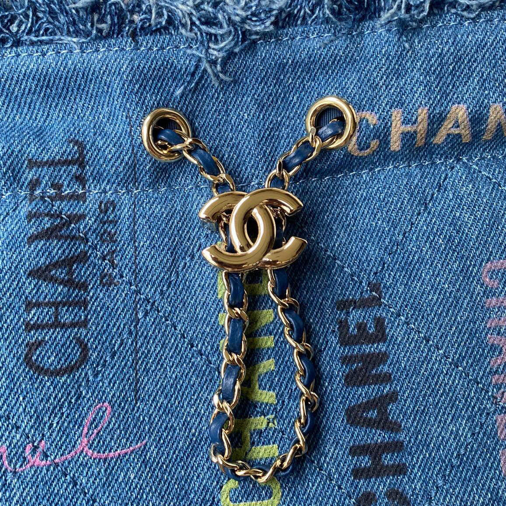 Chanel AS3027 Bucket Bag Printed Denim Gold Blue