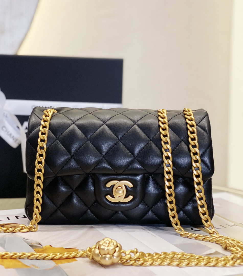 Chanel AS3041 Flap Classic Bag CF Camellia Lambskin Black Gold