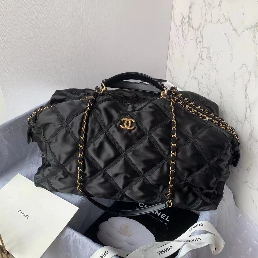 Chanel Maxi Bowling Bag Nylon Gros-Grain Gold-Tone Metal AS3093 Black - Default Title - View 1