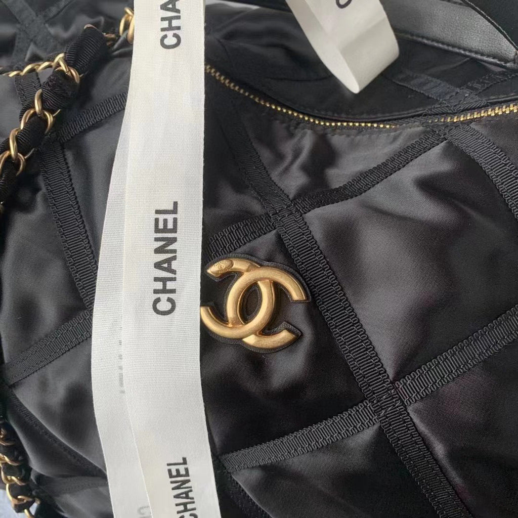 Chanel Maxi Bowling Bag Nylon Gros-Grain Gold-Tone Metal AS3093 Black