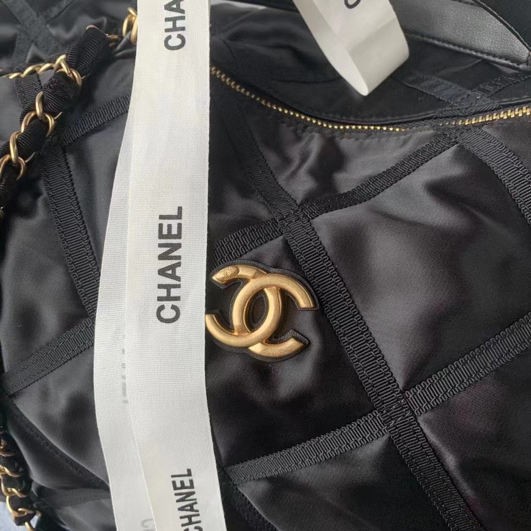 Chanel Maxi Bowling Bag Nylon Gros-Grain Gold-Tone Metal AS3093 Black