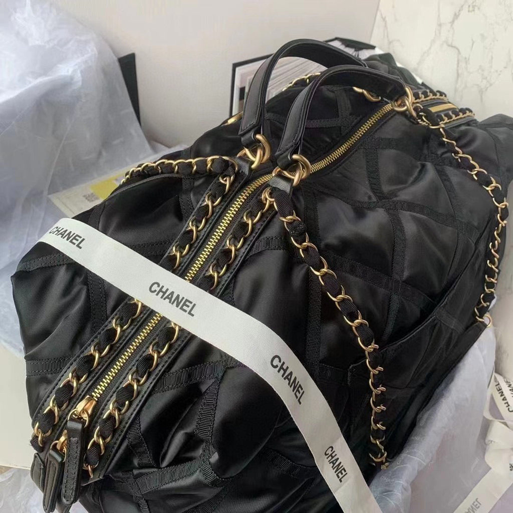 Chanel Maxi Bowling Bag Nylon Gros-Grain Gold-Tone Metal AS3093 Black
