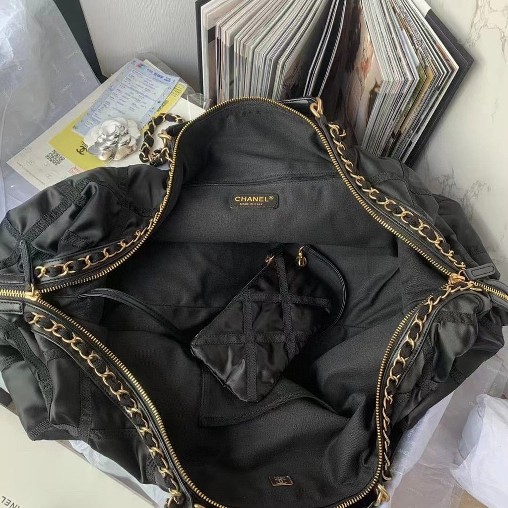 Chanel Maxi Bowling Bag Nylon Gros-Grain Gold-Tone Metal AS3093 Black