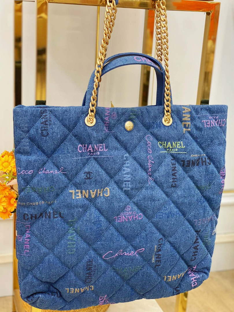 Chanel AS3128 Maxi Shopping Bag Printed Denim Blue