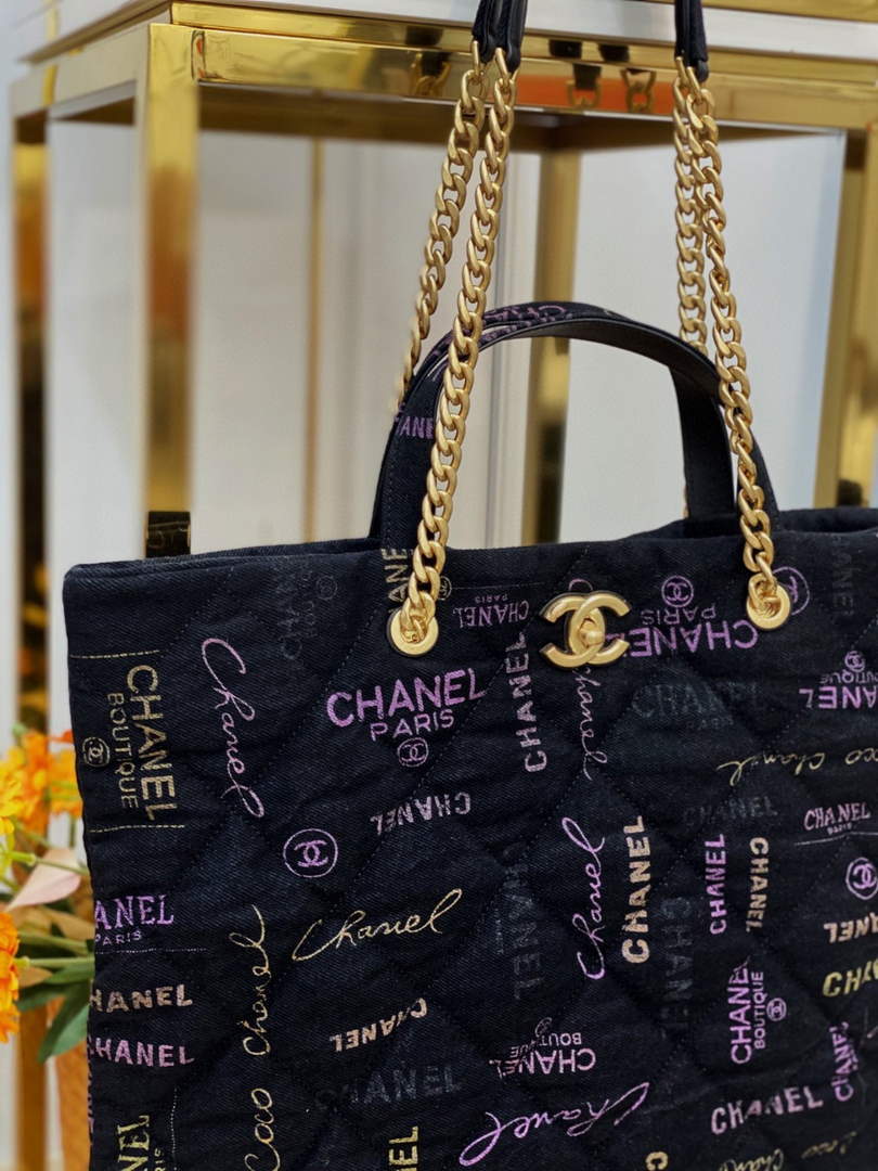 Chanel AS3128 Maxi Shopping Bag Printed Denim Black
