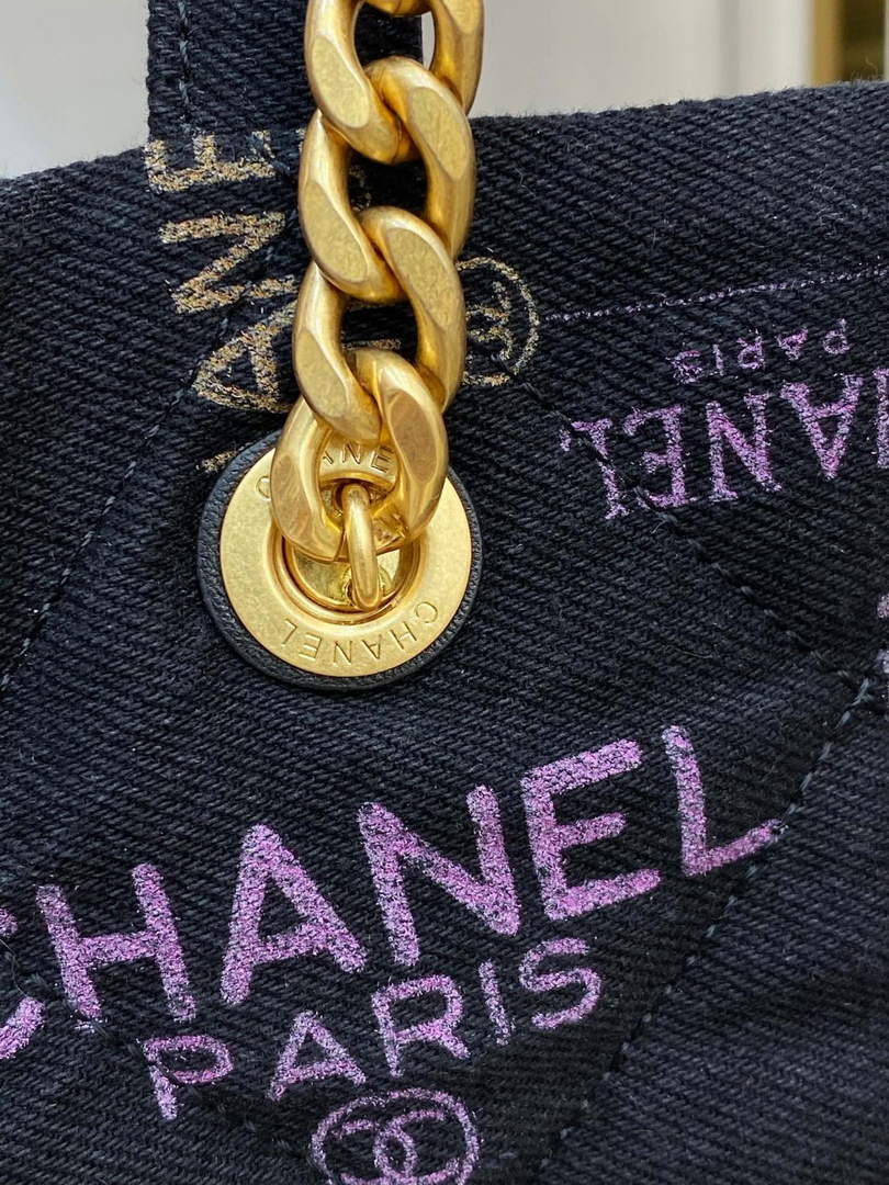 Chanel AS3128 Maxi Shopping Bag Printed Denim Black