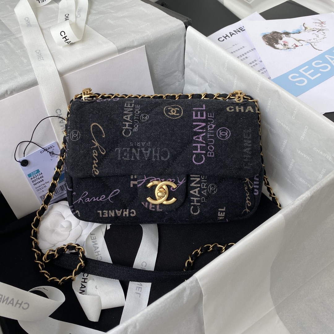 Chanel AS3134 Small Flap Bag Printed Denim Black - Default Title - View 1