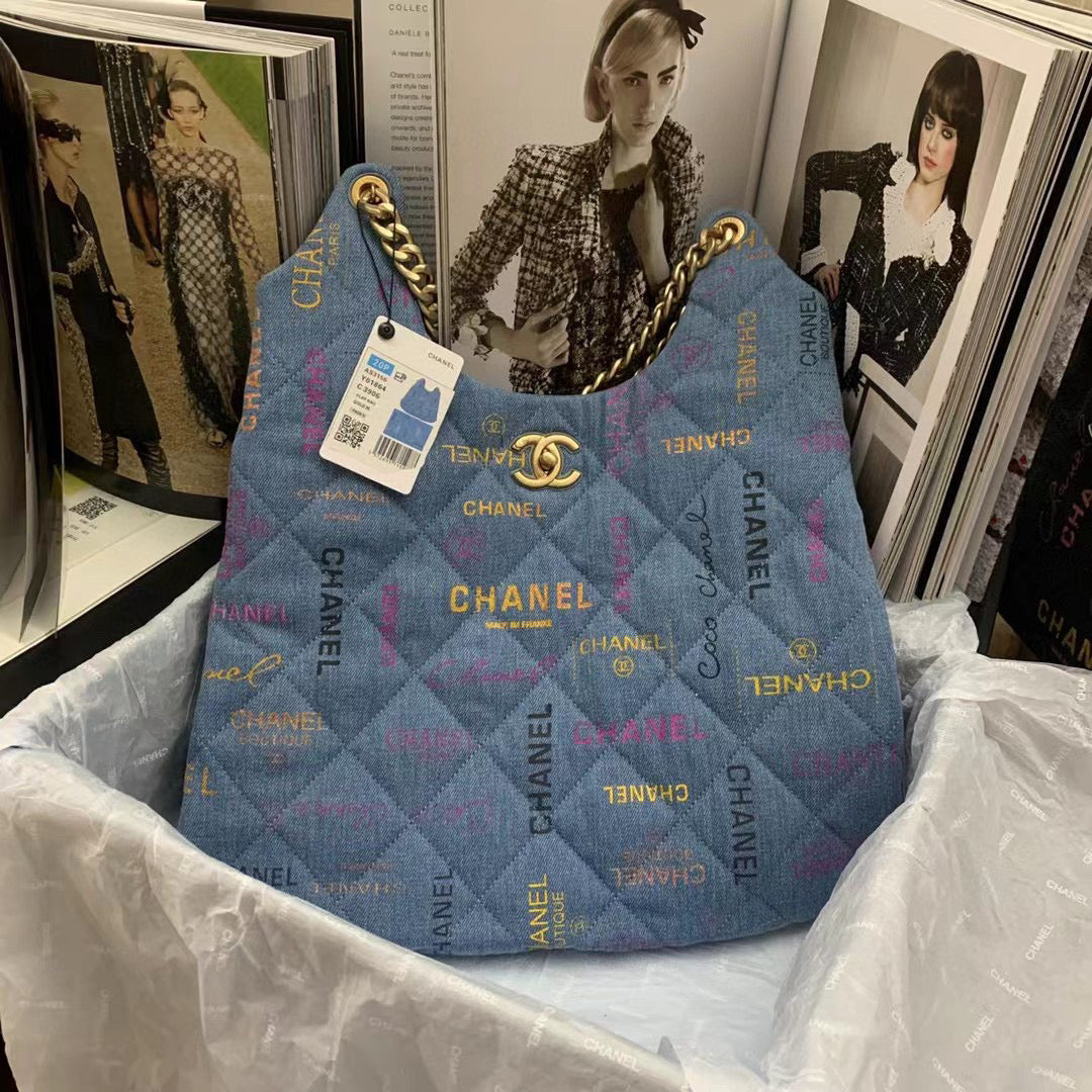 Chanel Maxi Hobo Bag AS3156 Printed denim gold-tone metal Blue - Default Title - View 1