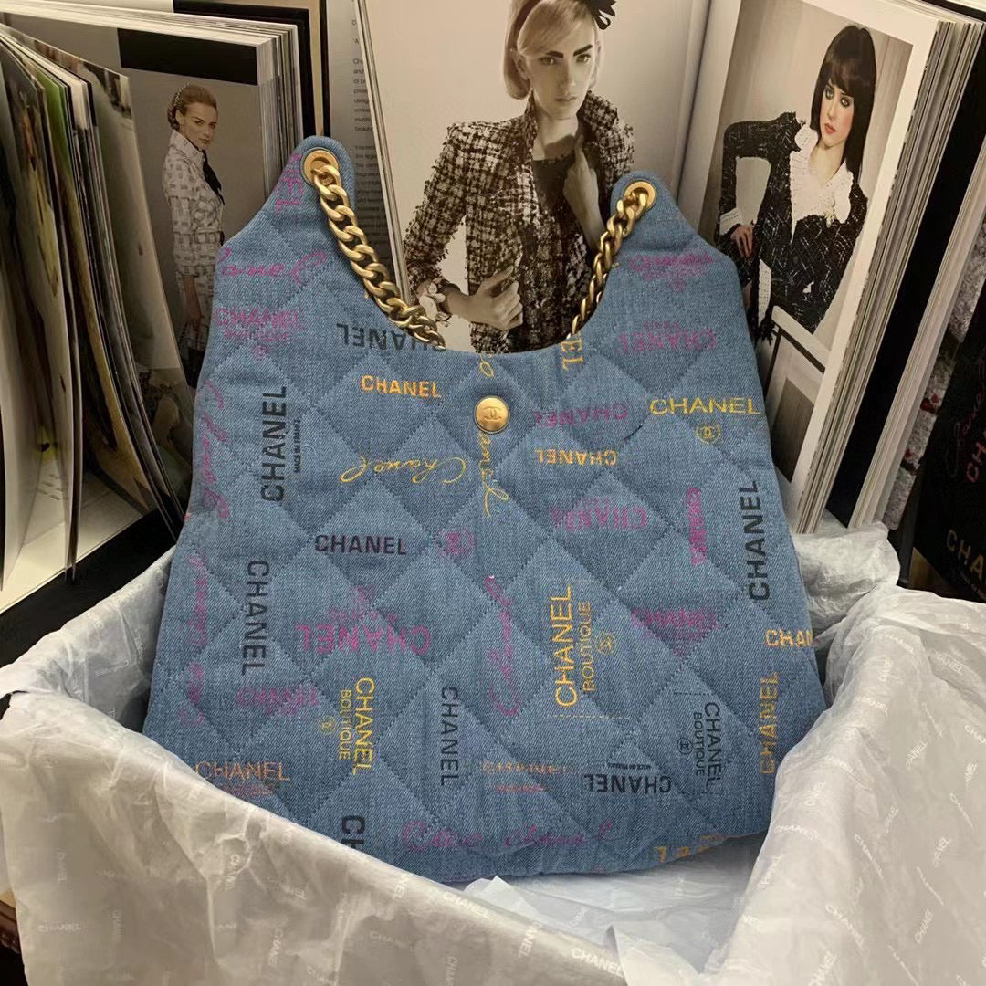 Chanel Maxi Hobo Bag AS3156 Printed denim gold-tone metal Blue - Default Title - View 4