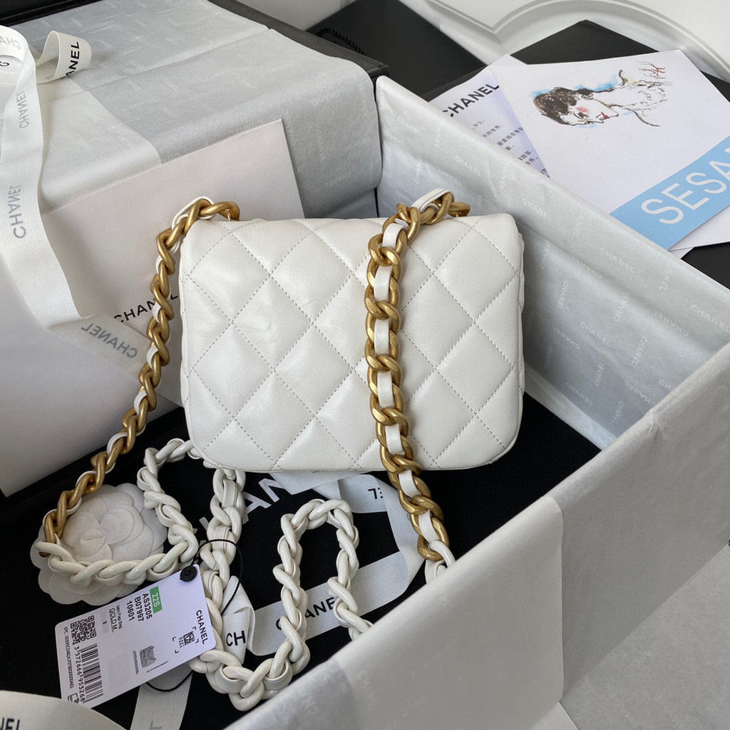 Chanel Mini Flap Bag Lambskin Gold-Tone Metal AS3205 White