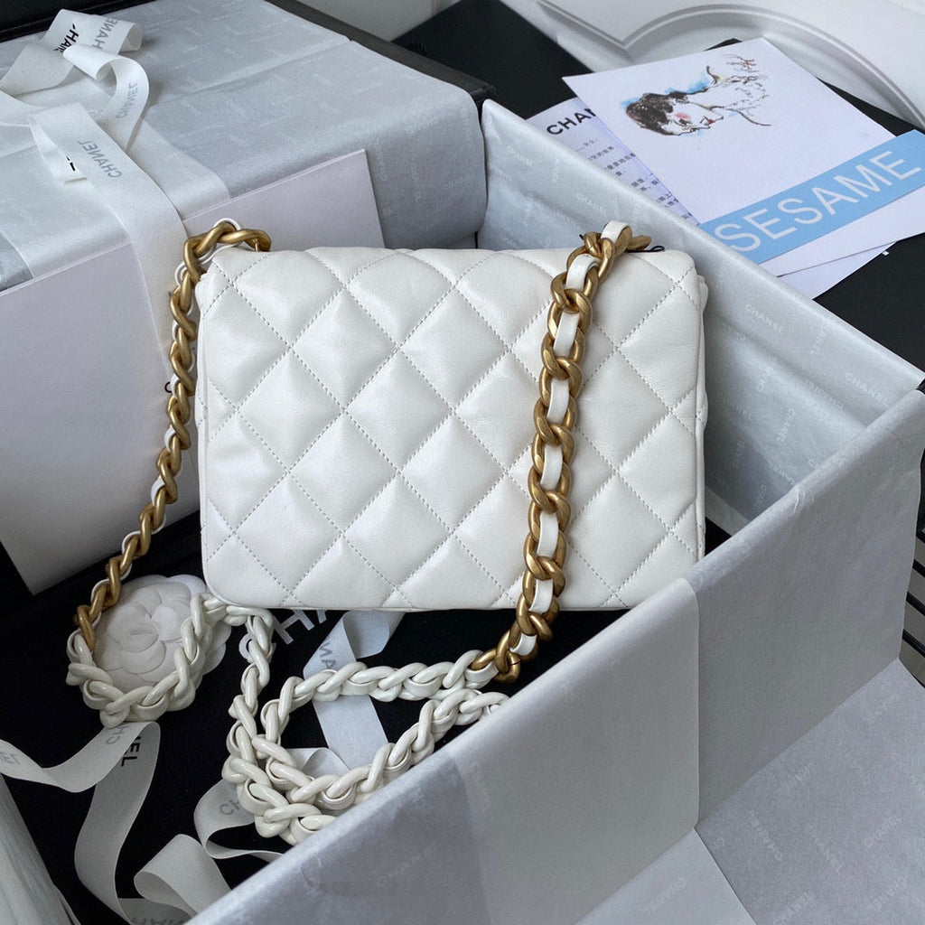 Chanel Small Flap Bag Lambskin Gold-Tone Metal AS3206 White