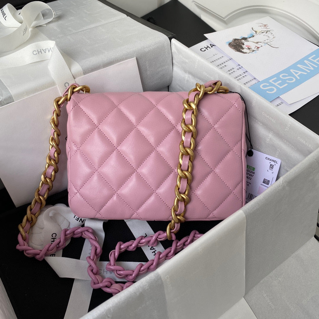 Chanel Small Flap Bag Lambskin Gold-Tone Metal AS3206 Pink