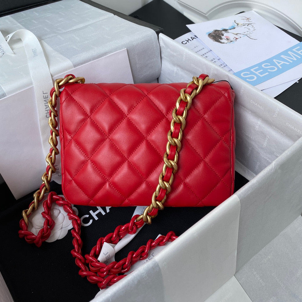 Chanel Small Flap Bag Lambskin Gold-Tone Metal AS3206 Red
