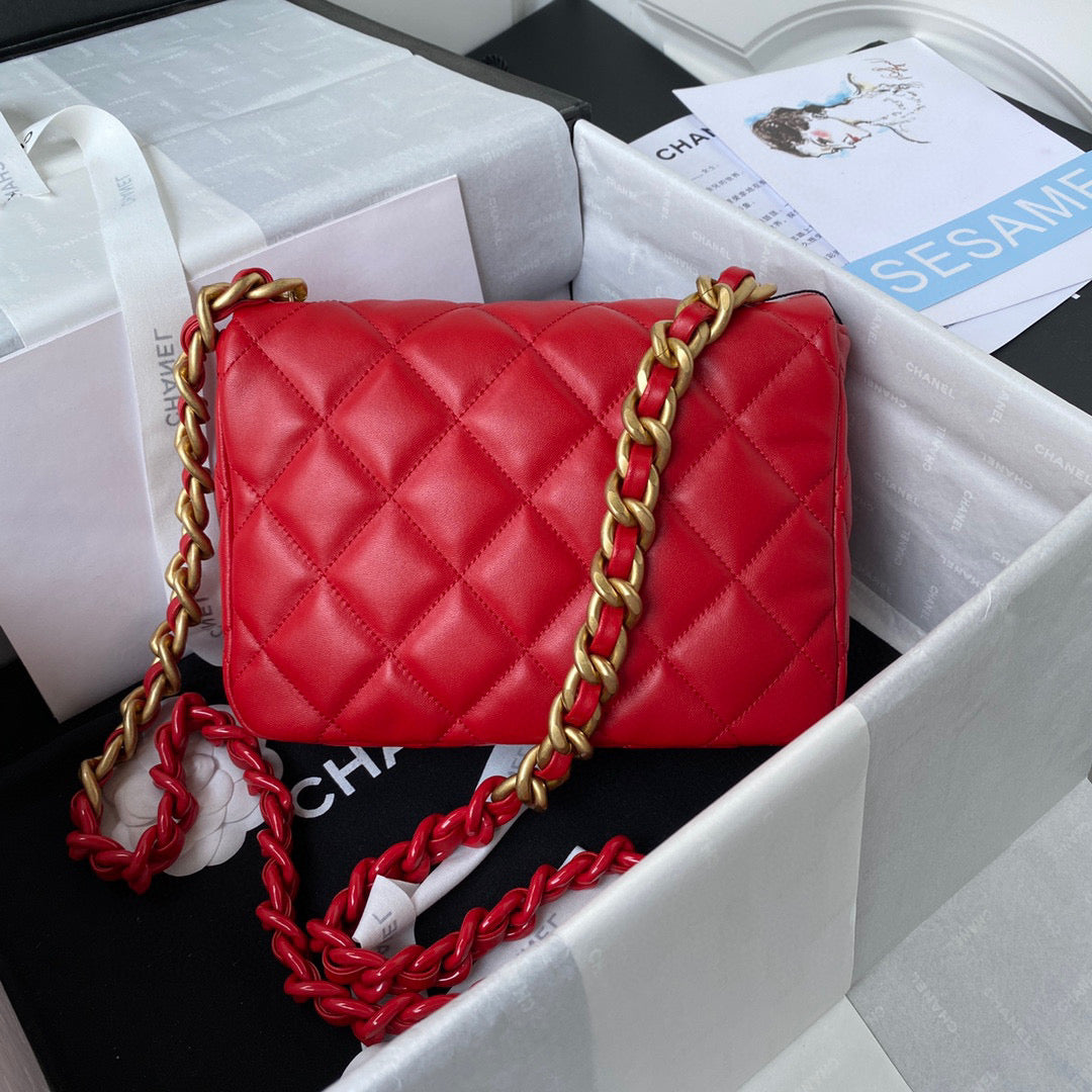 Chanel Small Flap Bag Lambskin Gold-Tone Metal AS3206 Red