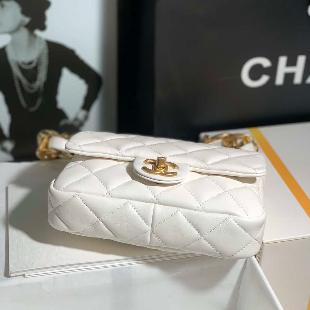 Chanel AS3214 Small Flap Bag Lambskin Gold-Tone Metal White