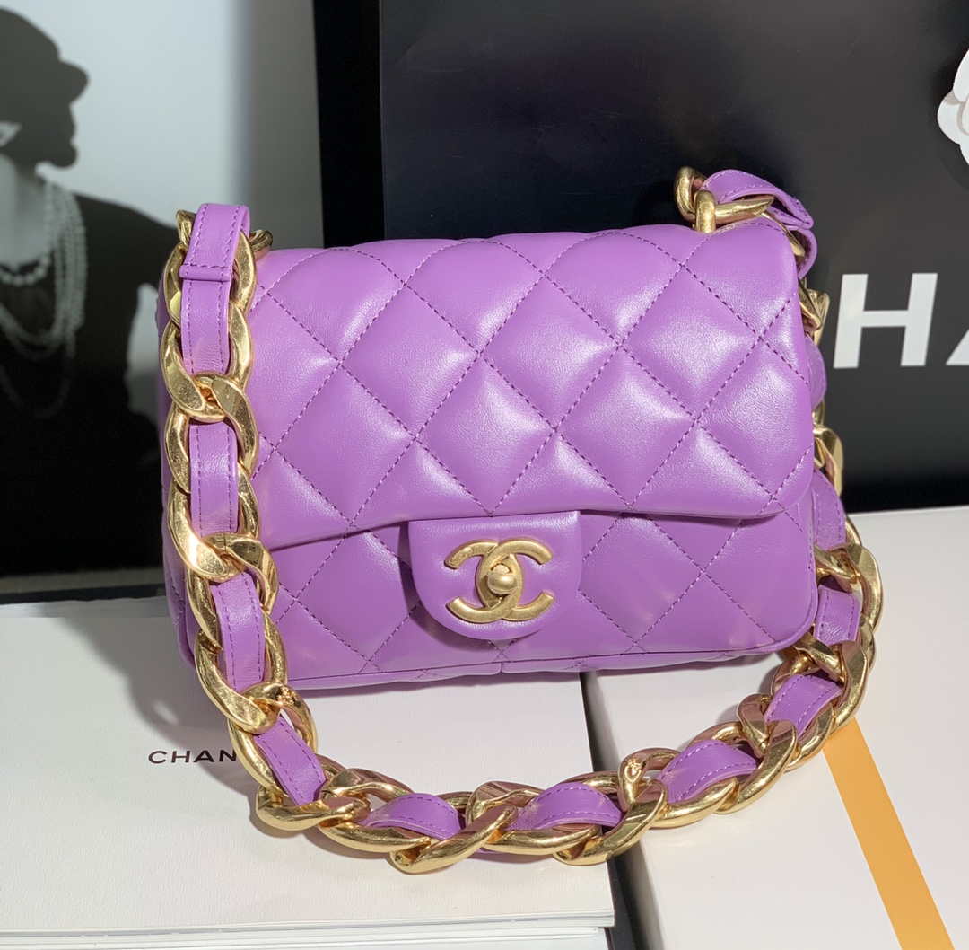 Chanel AS3214 Small Flap Bag Lambskin Gold-Tone Metal Purple - Default Title - View 1