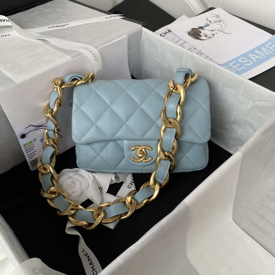 Chanel AS3214 Small Flap Bag Lambskin Gold-Tone Metal Blue - Default Title - View 1