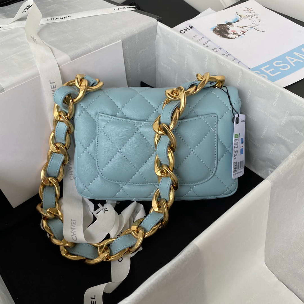 Chanel AS3214 Small Flap Bag Lambskin Gold-Tone Metal Blue